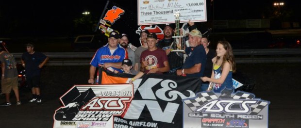 Michael Miller in victory lane following his victory at Battleground Speedway. (Image courtesy of ASCS)