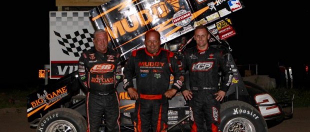 (l to r) Second place Sammy Swindell, winner Danny Lasoski, and third place Ian Madsen following the National Sprint League event at Brown County Speedway. (Image courtesy of Inside Line Promotions)