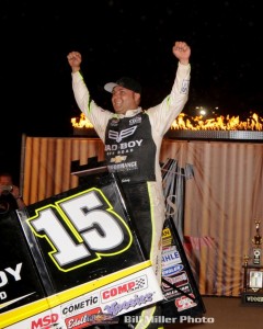 Donny Schatz following his victory at the 33rd annual Kings Royal at Eldora Speedway. (Bill Miller Photo)