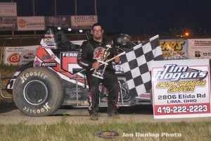 Matt Westfall in victory lane after winning Saturday night at Waynesfield Raceway Park. (Jan Dunlap Photo)