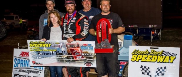 Robert Ballou and crew celebrate USAC AMSOIL National Sprint Car win number four of the 2016 season after taking Friday night's "Bill Gardner Sprintacular" at Putnamville, Indiana's Lincoln Park Speedway. (Ryan Sellers Photo)