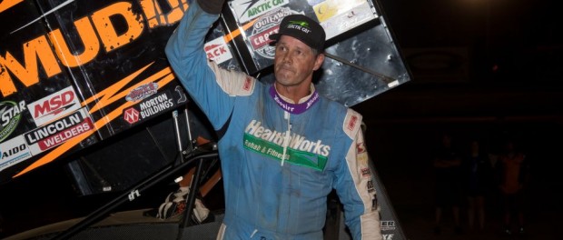 Dale Blaney waves to the crowd from Eriez Speedway victory lane on Friday, July 29.  (Vince Vellella Photo)