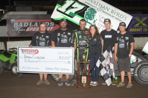 Bryan Clauson with his team in victory lane following his ASCS feature victory Sunday at Badlands Motor Speedway. (ASCS / Rob Kocak Photo)