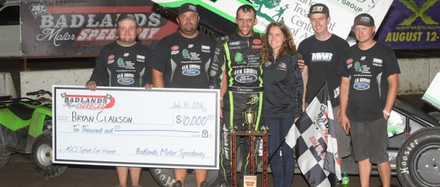 Bryan Clauson with his team in victory lane following his ASCS feature victory Sunday at Badlands Motor Speedway. (ASCS / Rob Kocak Photo)