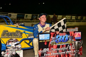 Dave Danzer following his victory Saturday night at Oswego Speedway. (Image courtesy of Oswego Speedway)