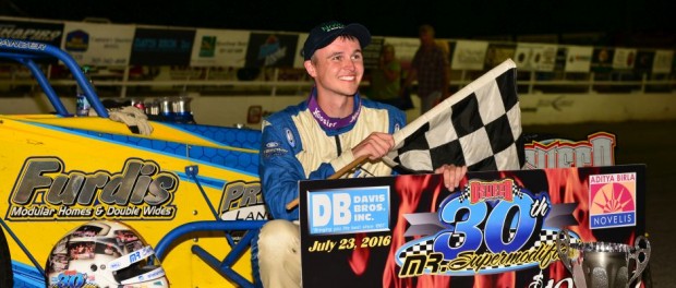 Dave Danzer following his victory Saturday night at Oswego Speedway. (Image courtesy of Oswego Speedway)