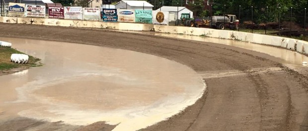 Turn one and Fremont Speedway after three inches of rain. (Image courtesy of Fremont Speedway)