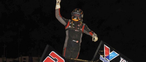 Parker Price-Miller celebrating his victory on Thursday during MOWA IL Sprint Week at Quincy Raceways. (Mark Funderburk Photo)