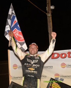 Donny Schatz following his victory during the Brad Doty Classic at Attica Raceway Park. (Mike Campbell Photo)