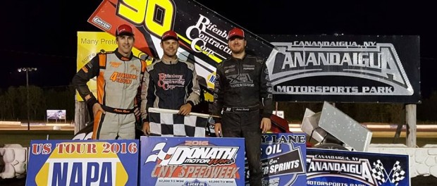 (l to r)Third place Steve Poirier, winner Matt Tanner, and second place Jason Barney following the Central New York Speedweek event at Canandaigua Motorsports Park. (Image courtesy of ESS)