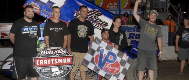 Rico Abreu with his team in victory lane following his victory with the World of Outlaws Craftsman Sprint Car Series at the Ironman 55 at Federated Auto Parts Raceway at I-55. (Mark Funderburk Photo)