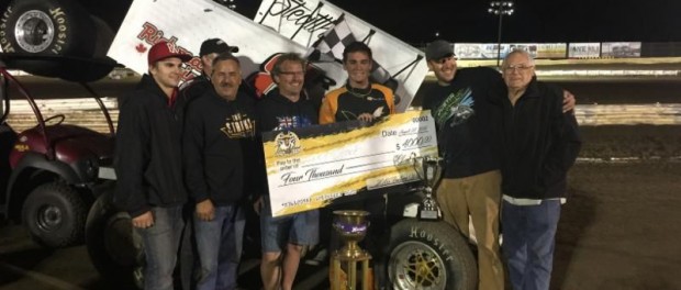 Trey Starks with the Rutz team in victory lane after winning the Gold Cup at Castrol Raceway. (Image courtesy of ILP)