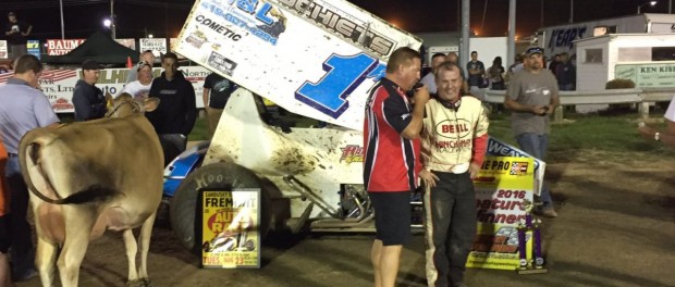 Paul Weaver in victory lane following his victory during the Sandusky County Fair at Fremont Speedway. (Todd Smith Photo)