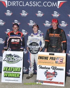The top 3 finishers in the Dirt Classic at Attica Raceway park were Sheldon Haudenschild, Byron Reed & Dale Blaney. (Mike Campbell Photos / campbellphoto.com) 