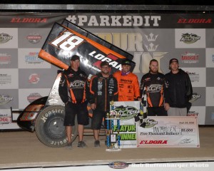Ian Madsen in victory lane following his victory with the Arctic Cat All Star Circuit of Champions at Eldora Speedway during the 4-Crown Nationals. (Bill Miller Photo)