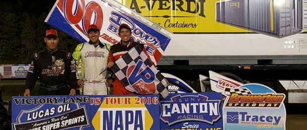 Danny Varin wins first ever ESS A-Main at the Brewerton Speedway over Sam Reakes IV and Mark Smith. (Image courtesy of ESS)