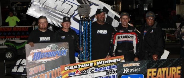 Kerry Madsen in victory lane with the Matt Wood Racing team following their victory at the Jackson Nationals. (Image courtesy of ILP)