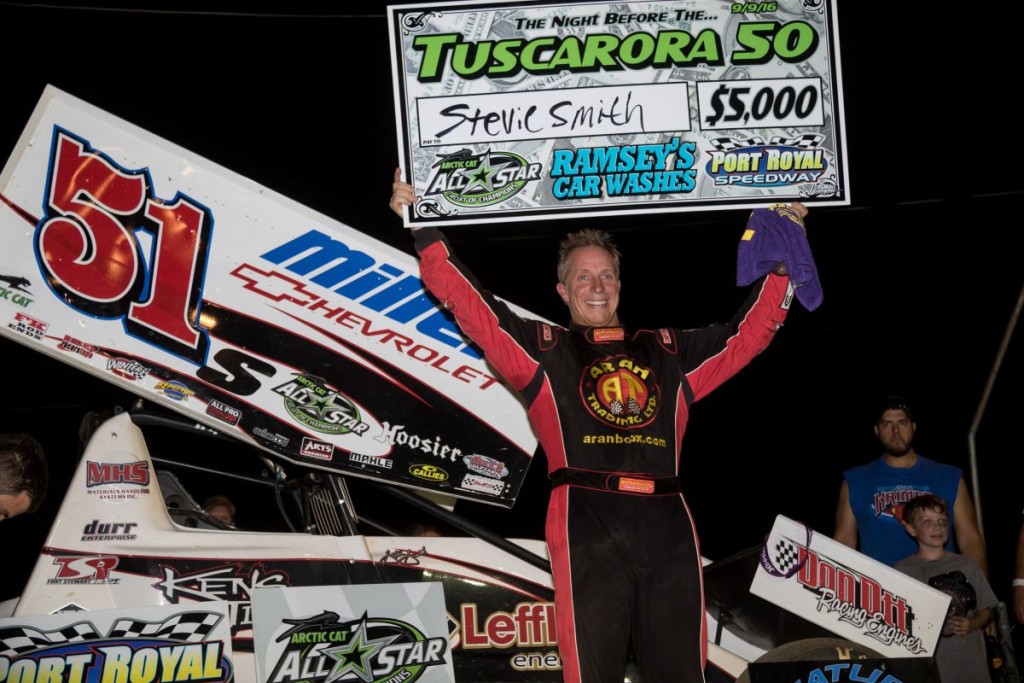 Stevie Smith celebrating his $5,000 payday during Night Before The Tuscarora 50. (Vince Vellella Photo)