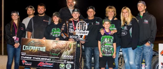 The Clauson family joins race winner Kevin Thomas, Jr. in victory lane after his win in Friday night's "Bryan Clauson Celebration of Life" at Kokomo (Ind.) Speedway. (Ryan Sellers Photo) 