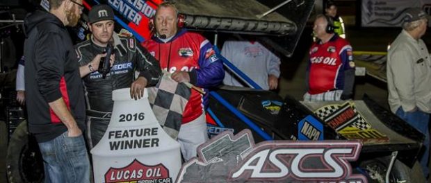 Sam talks with Bryan Hulbert after winning night #1 at Creek County (Brad Harris/ASCS Photo)