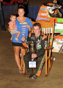 Brady Bacon celebrates his "Indiana Sprint Week" title with his wife and daughter in July 2016 at the Terre Haute (Ind.) Action Track. (David Nearpass Photo) 