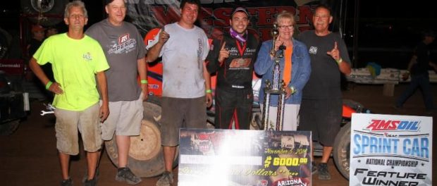 Chris Windom and the Baldwin Brothers Racing crew celebrate their third "Western World" win of the weekend after winning Saturday night's USAC AMSOIL National/CRA Sprint Car Championship feature at Arizona Speedway in Queen Creek. (Rich Forman Photo) 