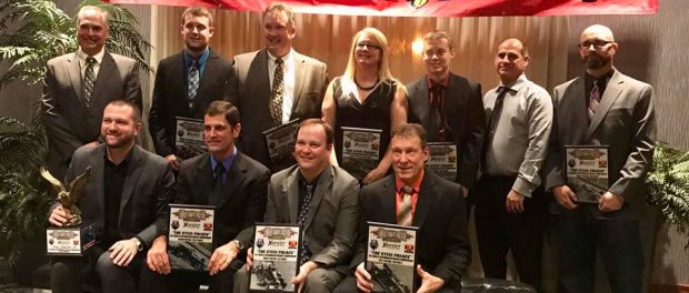 Track champion Dave Shullick Jr. and the top ten in the Novelis Supermodified point standings were honored Saturday evening at the Lake Ontario Event and Conference Center. (Dawn Gray photo)