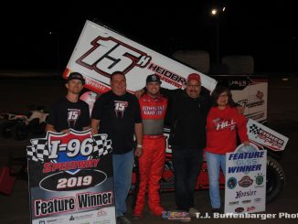 Sam Hafertepe Jr. with his team in victory lane at I-96 Speedway. (T.J. Buffenbarger photo)