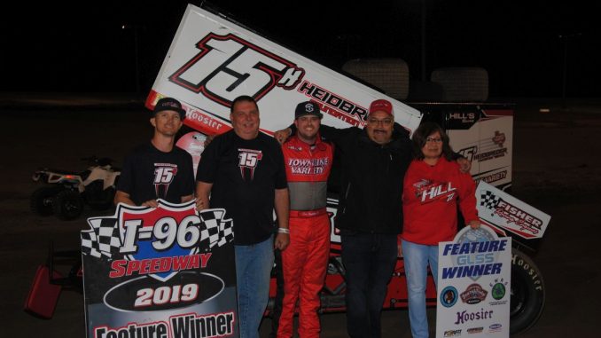 Sam Hafertepe Jr. with his team in victory lane at I-96 Speedway. (T.J. Buffenbarger photo)