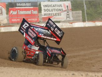 Ackland Insurance driver Mack DeMan races off turn two at Ohsweken during the 2018 season. DeMan won the 2018 Kool Kidz-Corr/Pak 360 Sprint Car rookie-of-the-year award. (Photo by Dale Calnan/Image Factor Media).