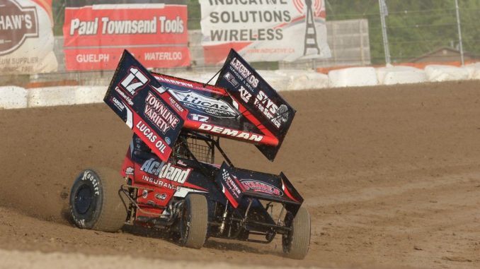 Ackland Insurance driver Mack DeMan races off turn two at Ohsweken during the 2018 season. DeMan won the 2018 Kool Kidz-Corr/Pak 360 Sprint Car rookie-of-the-year award. (Photo by Dale Calnan/Image Factor Media).