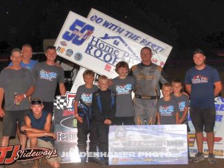 J.J. Hickle with his race team in victory lane Friday at I-96 Speedway. (Jim Denhamer photo)