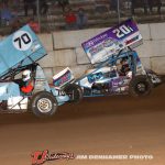 Eli Lakin (#70) racing with Kelsey Ivy (#20I) Saturday at Butler Motor Speedway with the Great Lakes Super Sprints. (Jim Denhamer photo)