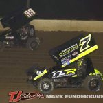 Bret Tripplett (#10) racing with Tyler Lee (#7) Saturday with the Sprint Invaders at Peoria Speedway. (Mark Funderburk photo)