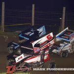Mario Clouser (#6), Jake Blackhurst (#96), and Paul Nienhiser (#9) in close quarters racing Friday at Lincoln Speedway with the MOWA series. (Mark Funderburk photo)