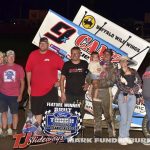 Paul Nienhiser with his race team in victory lane Friday with the MOWA Sprint Car Series at Lincoln Speedway. (Mark Funderburk photo)