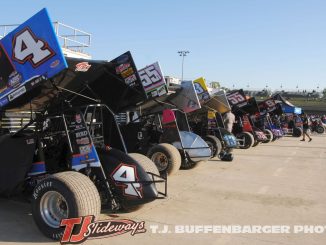 Cars lined up in the pit area at Eldora Speedway. (T.J. Buffenbarger photo)