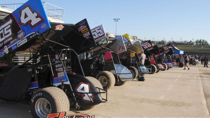 Cars lined up in the pit area at Eldora Speedway. (T.J. Buffenbarger photo)