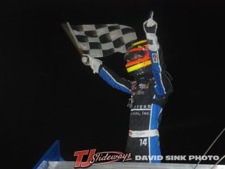 Davey Hamilton Jr. celebrates winning the Must See Racing season finale at Plymouth Motor Speedway Saturday night. (David Sink photo)