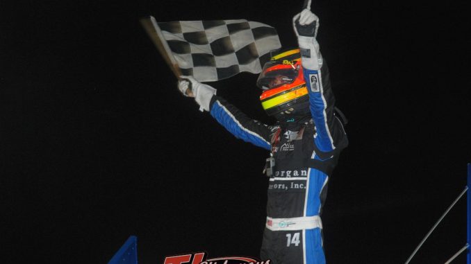 Davey Hamilton Jr. celebrates winning the Must See Racing season finale at Plymouth Motor Speedway Saturday night. (David Sink photo)