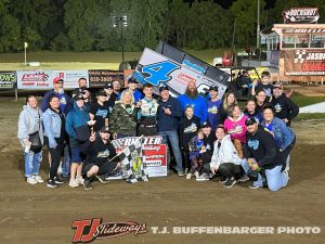 Trey McGranahan with his family and supporters after securing the 2023 Butler Motor Speedway track championship. (T.J. Buffenbarger photo)