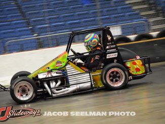 Joe Ligouri was fastest in practice in the midget car Thursday night at the War Memoria Coliseum Exposition Center in Fort Wayne, Indiana during Rumble in the Expo. (Jacob Seelman/Rumble Series photo)