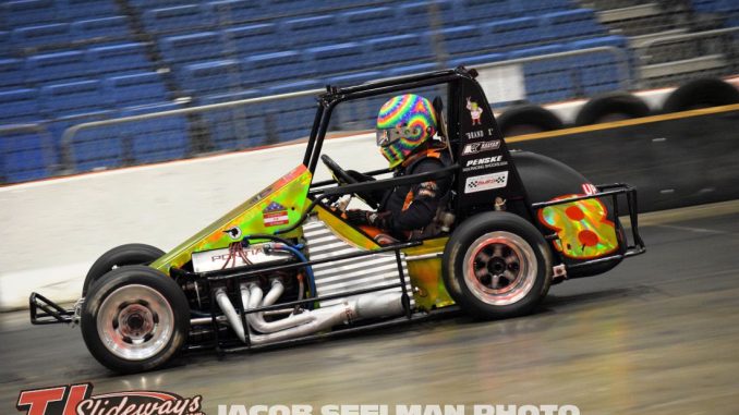 Joe Ligouri was fastest in practice in the midget car Thursday night at the War Memoria Coliseum Exposition Center in Fort Wayne, Indiana during Rumble in the Expo. (Jacob Seelman/Rumble Series photo)