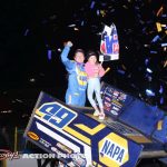 Brad Sweet celebrating his feature victory during the first event of the 2024 season for the World of Outlaws Wednesday night at Volusia Speedway Park. (Action Photo)