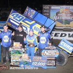 Brad Sweet with his crew in victory lane after winning the feature event during the opening night of the 2024 DIRTcar Nationals Wednesday night at Volusia Speedway Park. (Action Photo)