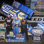 (l to r) Second place Tyler Courtney, winner Brad Sweet, and third place David Gravel after the feature event Wednesday night at Volusia Speedway Park. (Action Photo)