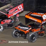 David Gravel (#2) and Justin Peck (#13) racing for position Thursday at Volusia Speedway Park. (Action Photo)