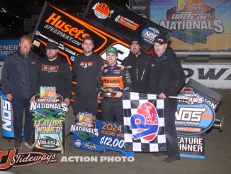 David Gravel with his crew after winning Thursday night's World of Outlaws NOS Energy Drink Sprint Car Series feature at Volusia Speedway Park. (Action Photo)