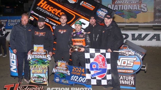 David Gravel with his crew after winning Thursday night's World of Outlaws NOS Energy Drink Sprint Car Series feature at Volusia Speedway Park. (Action Photo)