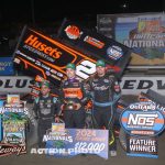 (l to r) Second place Rico Abreu, winner David Gravel, and third place Justin Peck after Thursday's main event at Volusia Speedway Park. (Action Photo)
